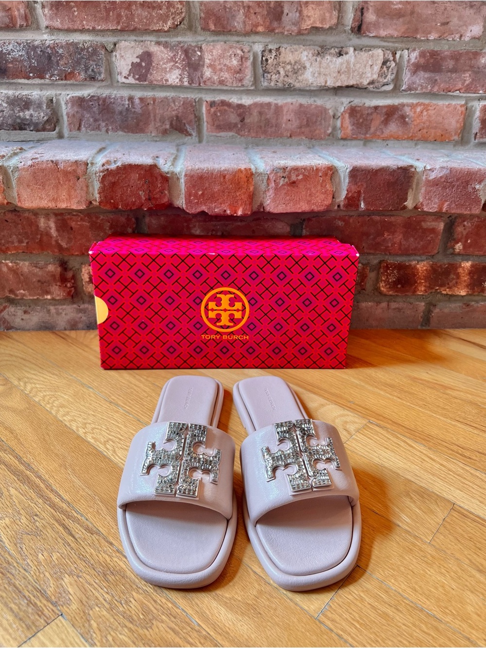 Tory Burch Shell Rose Pink Double T Crystal Deco Sport Slide Sandals - Picture 3 of 14